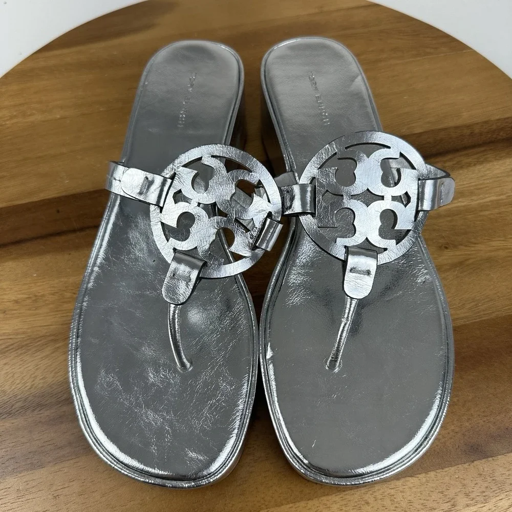 Womens Tory Burch Miller Platform Metallic Silver Leather Wedge Sandals Size 8.5 - Picture 6 of 8